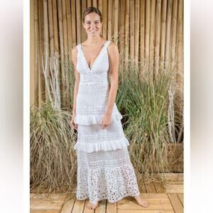temptation positano udine white ruffle floral crochet maxi sun dress size small